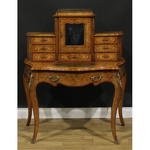 2258 - A Victorian gilt metal mounted walnut and marquetry bonheur du jour, stepped superstructure with a m... 