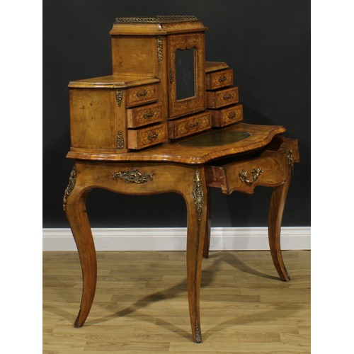 2258 - A Victorian gilt metal mounted walnut and marquetry bonheur du jour, stepped superstructure with a m... 