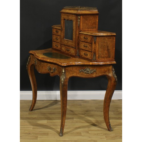 2258 - A Victorian gilt metal mounted walnut and marquetry bonheur du jour, stepped superstructure with a m... 