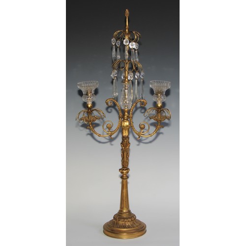 1563 - A 19th century French gilt bronze and hobnail-cut glass two-branch lustre candelabra, cast with a do... 