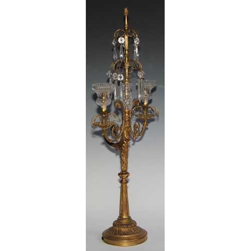 1563 - A 19th century French gilt bronze and hobnail-cut glass two-branch lustre candelabra, cast with a do... 