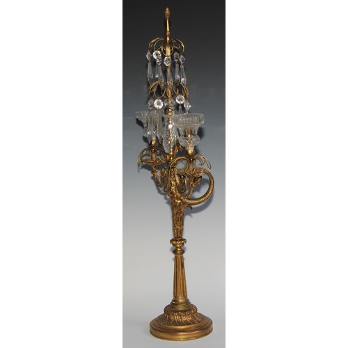 1563 - A 19th century French gilt bronze and hobnail-cut glass two-branch lustre candelabra, cast with a do... 