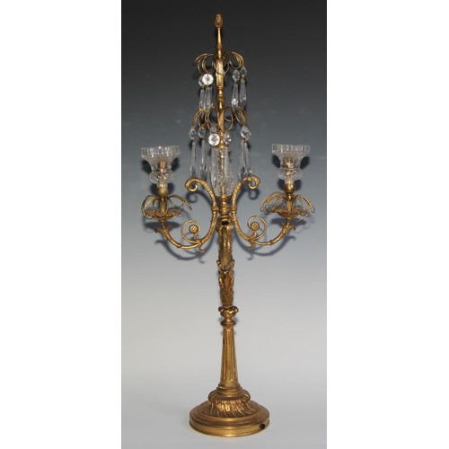 1563 - A 19th century French gilt bronze and hobnail-cut glass two-branch lustre candelabra, cast with a do... 