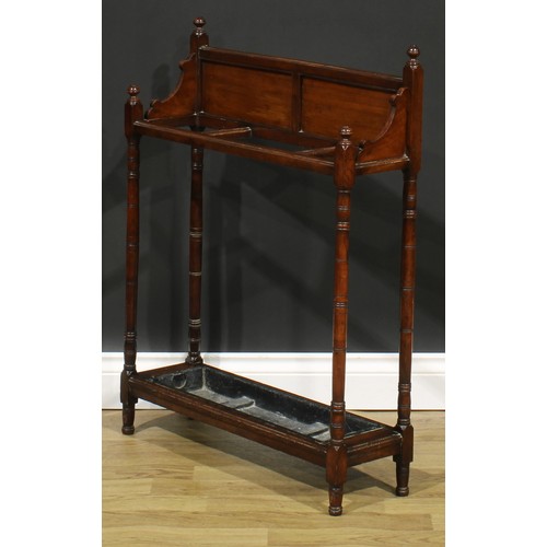 1954 - A late Victorian mahogany three-section walking stick or umbrella stand, turned supports, zinc drip ... 