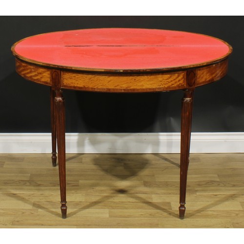 1979 - A pair of Sheraton period tulipwood crossbanded satinwood and painted demilune card tables, each wit... 