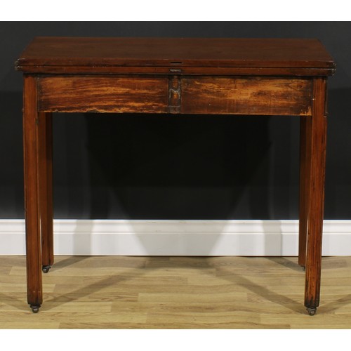 2175 - A George III mahogany tea table, hinged top with carved edge above a flame-veneered frieze, moulded ... 