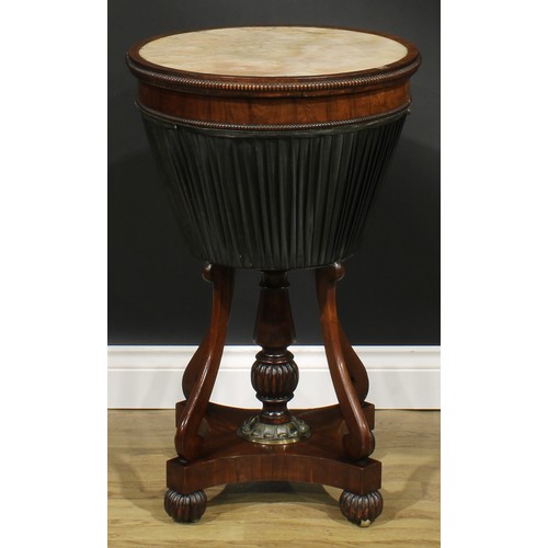 1984 - A Post-Regency mahogany work table, circular swivel top with inset marble panel and reel-moulded edg... 