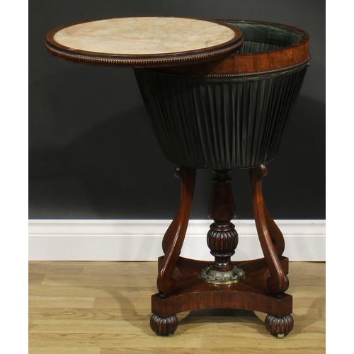 1984 - A Post-Regency mahogany work table, circular swivel top with inset marble panel and reel-moulded edg... 