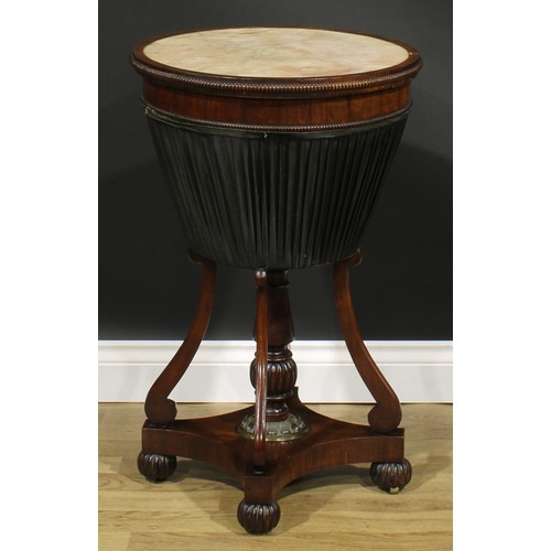 1984 - A Post-Regency mahogany work table, circular swivel top with inset marble panel and reel-moulded edg... 