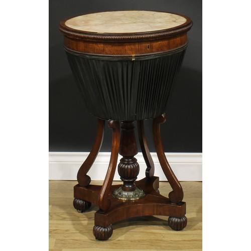 1984 - A Post-Regency mahogany work table, circular swivel top with inset marble panel and reel-moulded edg... 