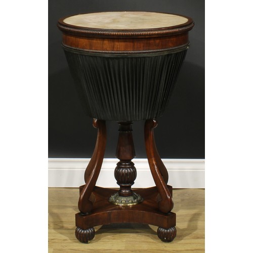 1984 - A Post-Regency mahogany work table, circular swivel top with inset marble panel and reel-moulded edg... 