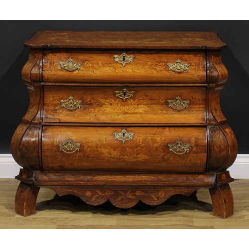 1588 - A 19th century Dutch oak and marquetry bombe chest, of three long graduated drawers, inlaid througho... 