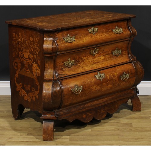 1588 - A 19th century Dutch oak and marquetry bombe chest, of three long graduated drawers, inlaid througho... 