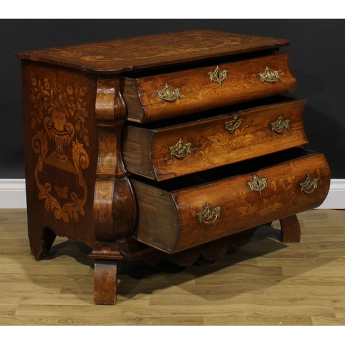 1588 - A 19th century Dutch oak and marquetry bombe chest, of three long graduated drawers, inlaid througho... 