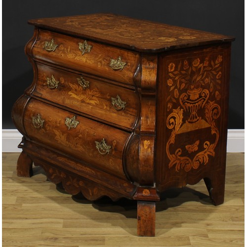 1588 - A 19th century Dutch oak and marquetry bombe chest, of three long graduated drawers, inlaid througho... 