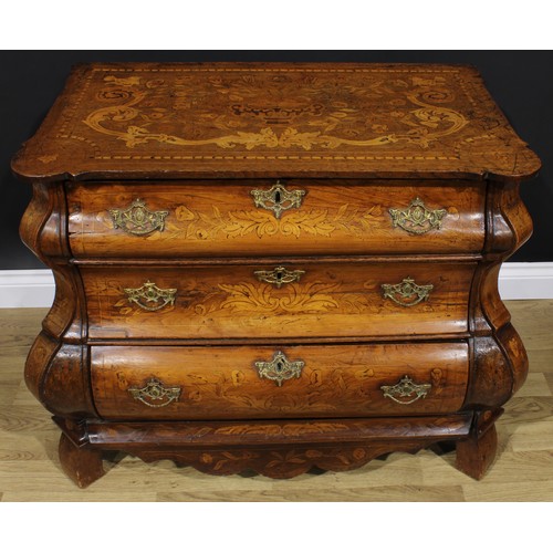 1588 - A 19th century Dutch oak and marquetry bombe chest, of three long graduated drawers, inlaid througho... 