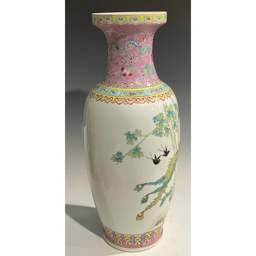 474 - A pair of large Chinese Famille Rose ovoid vases, decorated with lakeside scene of exotic birds and ... 