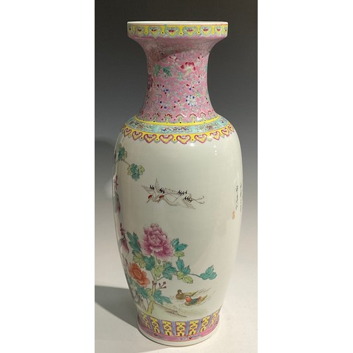 474 - A pair of large Chinese Famille Rose ovoid vases, decorated with lakeside scene of exotic birds and ... 