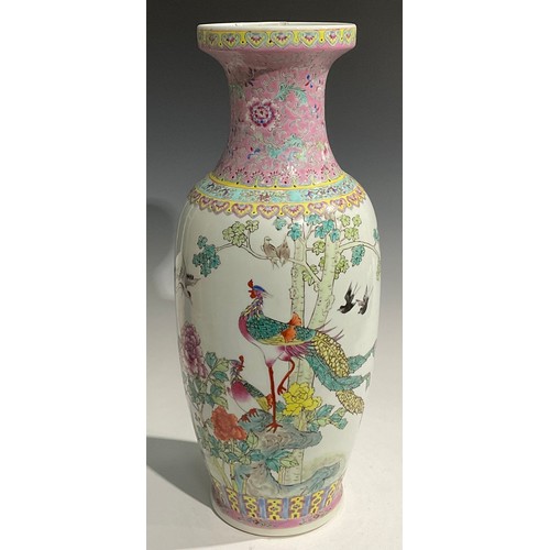 474 - A pair of large Chinese Famille Rose ovoid vases, decorated with lakeside scene of exotic birds and ... 