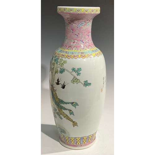 474 - A pair of large Chinese Famille Rose ovoid vases, decorated with lakeside scene of exotic birds and ... 