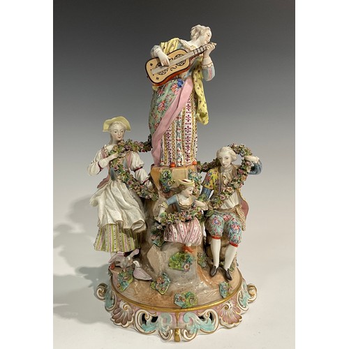 296 - A Meissen porcelain figure group, of a gentleman and his companion draped in a floral encrusted garl... 