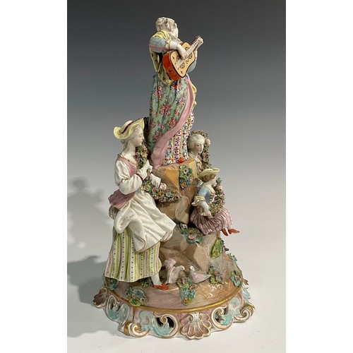 296 - A Meissen porcelain figure group, of a gentleman and his companion draped in a floral encrusted garl... 