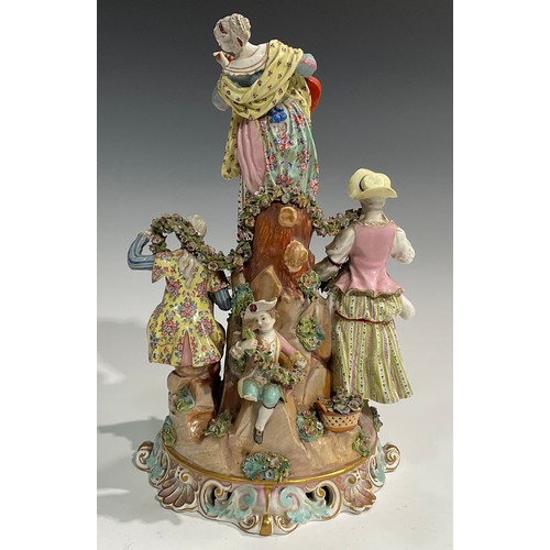 296 - A Meissen porcelain figure group, of a gentleman and his companion draped in a floral encrusted garl... 