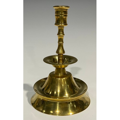 1812 - A pair of 19th century brass candlesticks, possibly Spanish, broad drip pan, trumpet shaped base, 20... 