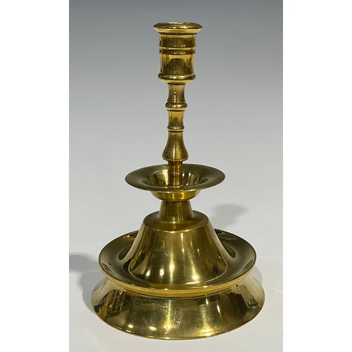 1812 - A pair of 19th century brass candlesticks, possibly Spanish, broad drip pan, trumpet shaped base, 20... 