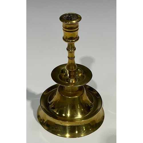 1812 - A pair of 19th century brass candlesticks, possibly Spanish, broad drip pan, trumpet shaped base, 20... 