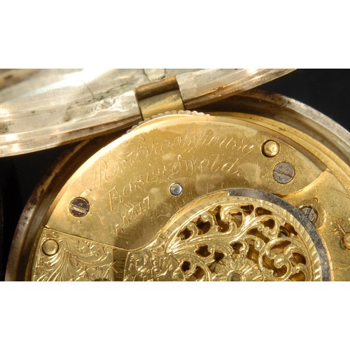 1258 - A George III pair cased silver watch, London 1796, 4.8cm enamel dial Roman chapter, gilt hands, verg... 