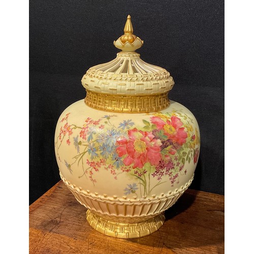 181 - A large Royal Worcester ovoid pot pourri vase and cover, decorated with summer flowers, picked out i... 