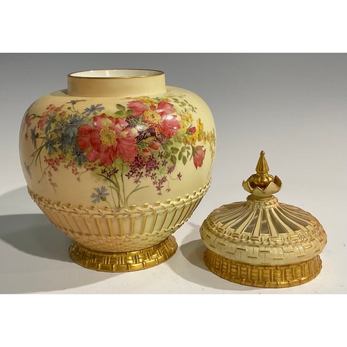 181 - A large Royal Worcester ovoid pot pourri vase and cover, decorated with summer flowers, picked out i... 