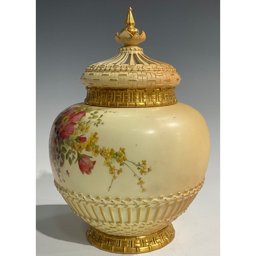 181 - A large Royal Worcester ovoid pot pourri vase and cover, decorated with summer flowers, picked out i... 