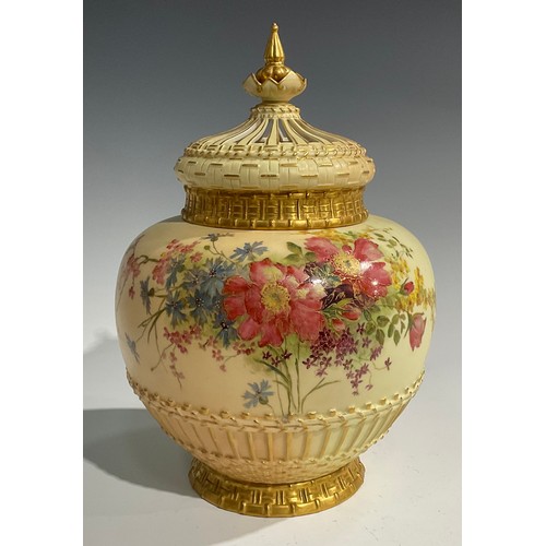 181 - A large Royal Worcester ovoid pot pourri vase and cover, decorated with summer flowers, picked out i... 