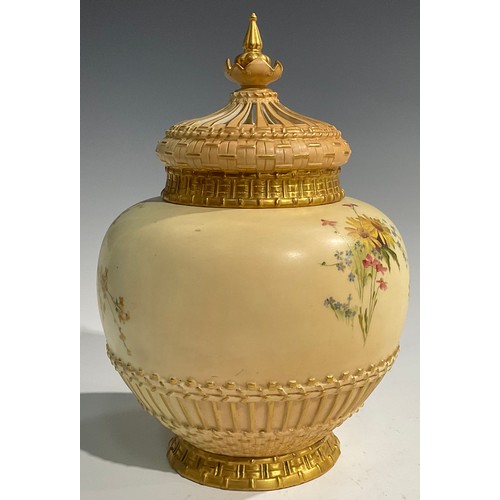 181 - A large Royal Worcester ovoid pot pourri vase and cover, decorated with summer flowers, picked out i... 