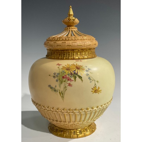 181 - A large Royal Worcester ovoid pot pourri vase and cover, decorated with summer flowers, picked out i... 