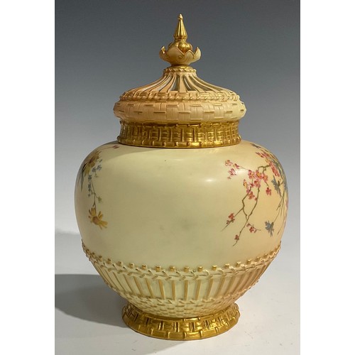 181 - A large Royal Worcester ovoid pot pourri vase and cover, decorated with summer flowers, picked out i... 