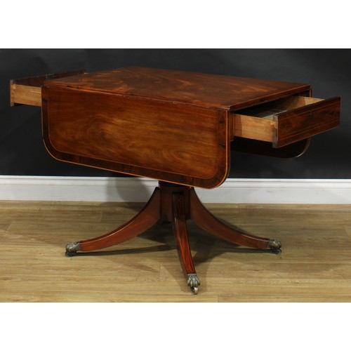 2183 - A Regency mahogany Pembroke table, rosewood crossbanded rounded rectangular top with fall leaves abo... 