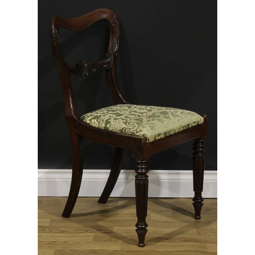 2186 - A set of six Victorian rosewood kidney back dining chairs, each with a shaped mid-rail carved with a... 