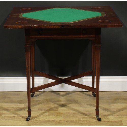 1890 - An Edwardian satinwood crossbanded mahogany envelope card table, hinged top enclosing a baize lined ... 