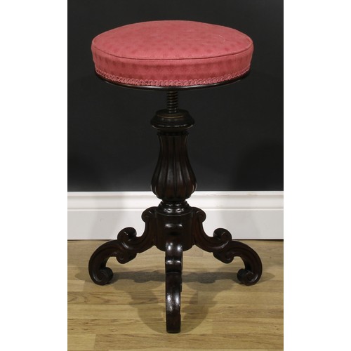 1853 - A near pair of Victorian rosewood piano stools, the largest 51cm raising to 74cm high, the seat 35.5... 