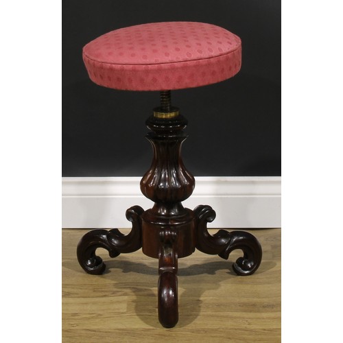 1853 - A near pair of Victorian rosewood piano stools, the largest 51cm raising to 74cm high, the seat 35.5... 