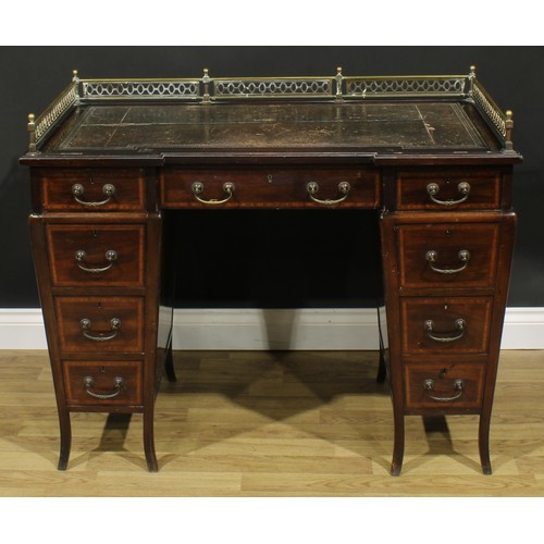 2390 - An Edwardian satinwood crossbanded mahogany twin pedestal desk, inverted break-centre rectangular to... 