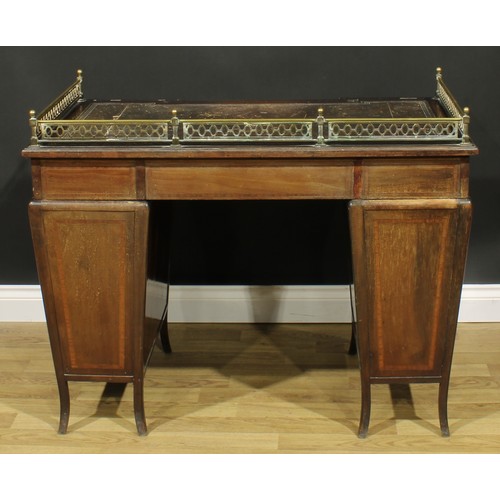 2390 - An Edwardian satinwood crossbanded mahogany twin pedestal desk, inverted break-centre rectangular to... 