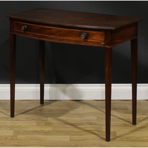 2118 - A George III mahogany bowfront side table, oversailing top with reeded edge above a long satinwood b... 