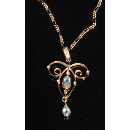 1349 - A composed suite of 9ct gold and aquamarine jewellery, comprising an Art Nouveau open work pendant; ... 