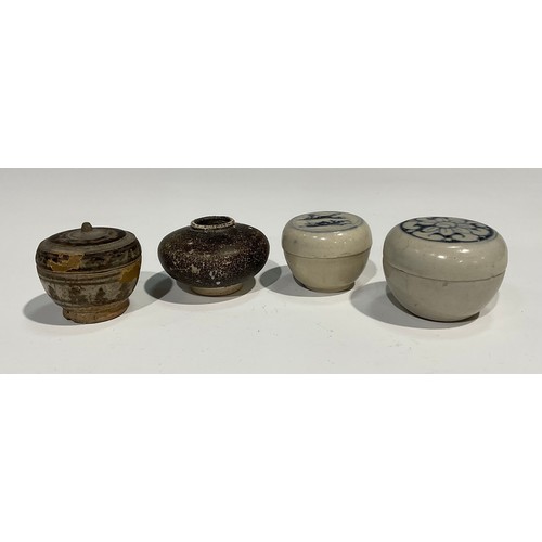 492 - Shipwreck cargo - a compressed ovoid earthenware ointment pot, a similar jar and cover; two blue and... 