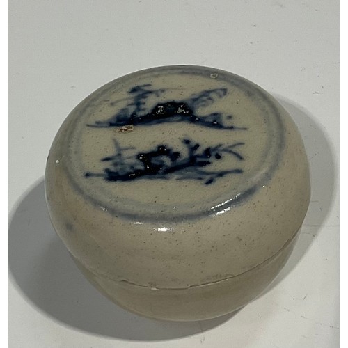 492 - Shipwreck cargo - a compressed ovoid earthenware ointment pot, a similar jar and cover; two blue and... 