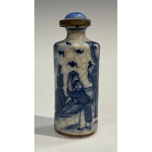 2235 - A Chinese porcelain cylindrical scent bottle, painted in tones of underglaze blue with elder and chi... 